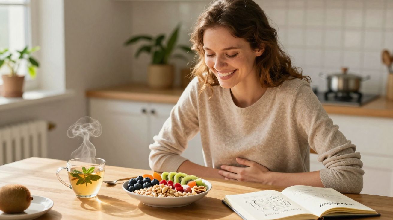 Mulher sorridente sentada à mesa com uma tigela de frutas e chá quente, lendo um livro.