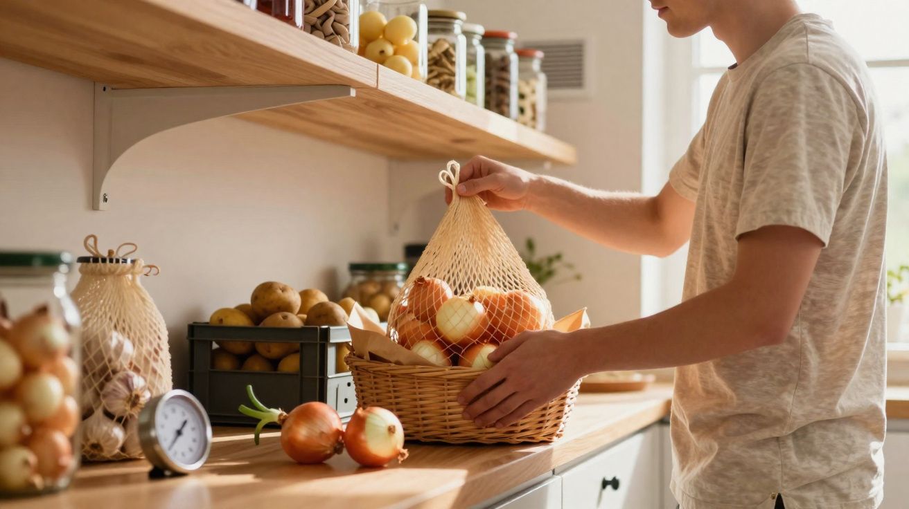 Pessoa a colocar cebolas de rede numa cesta de vime numa cozinha com legumes no balcão.