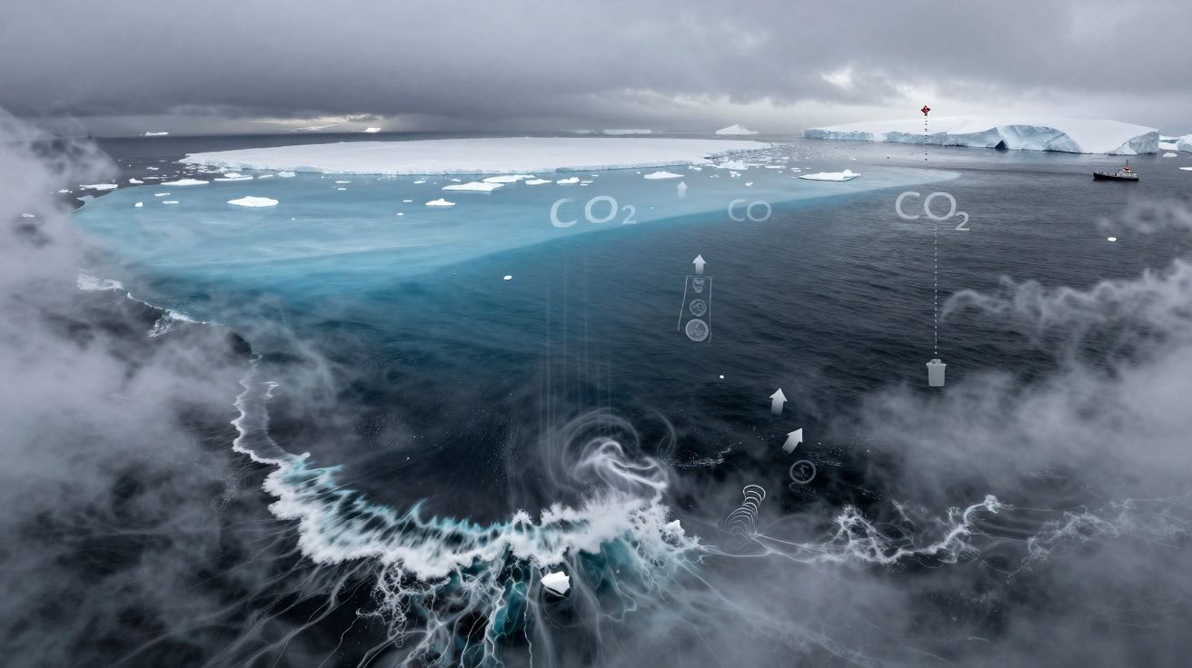 Mar gelado com icebergs e gráficos sobre emissões de CO2 e troca gasosa no oceano nebuloso.
