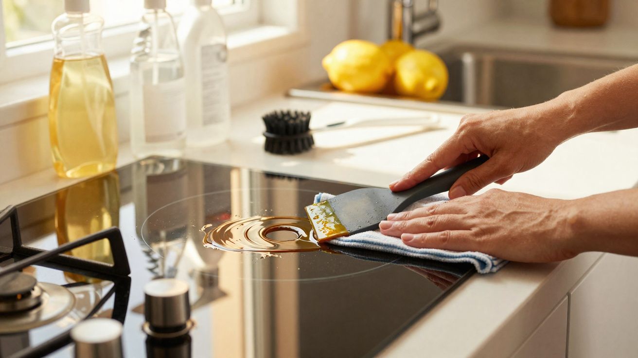 Mãos a limpar um fogão a vitrocerâmica com um pano azul e uma espátula preta, com óleo no vidro.