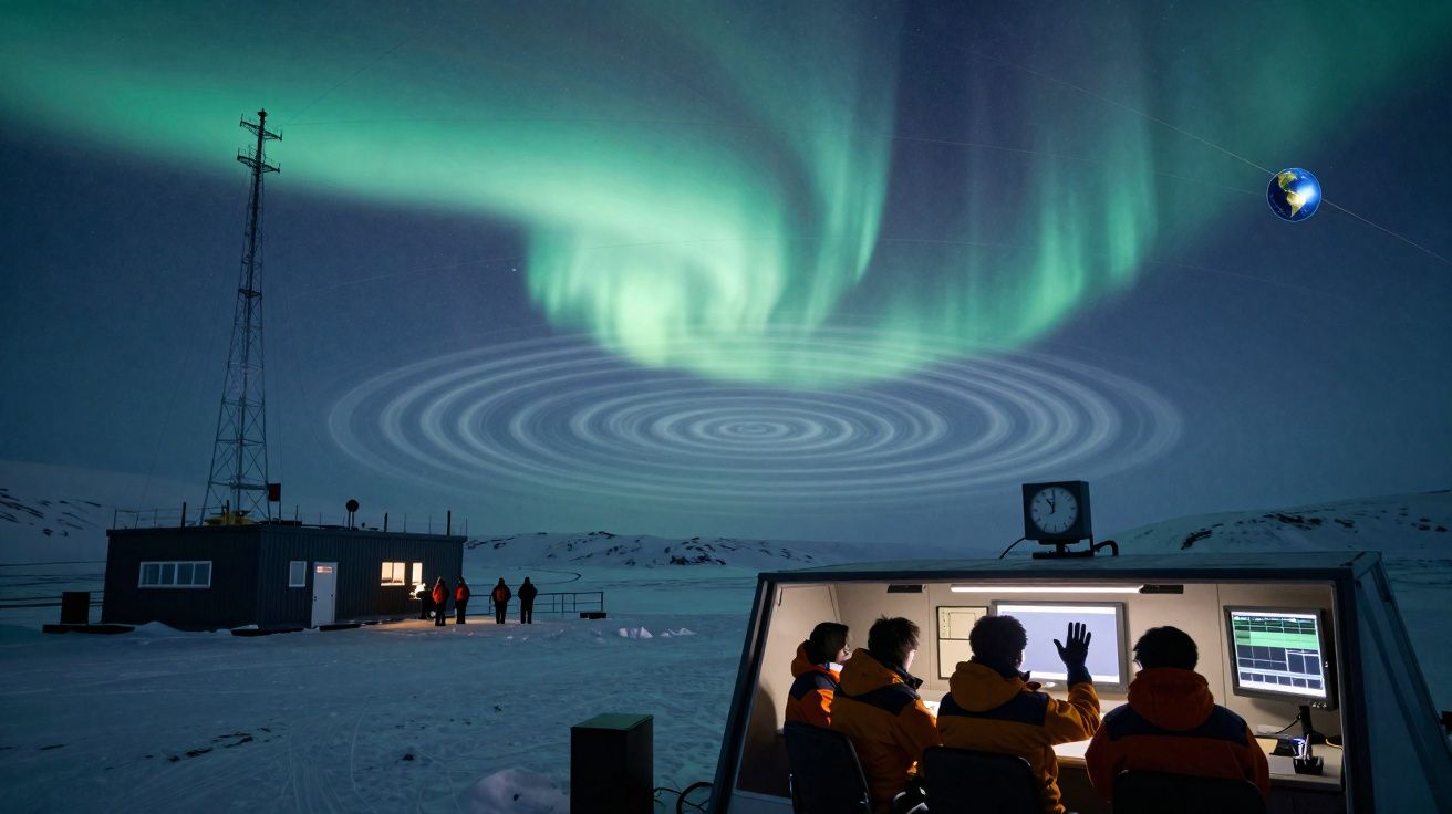 Aurora boreal sobre paisagem nevada com cientistas a observar dados em estação remota durante a noite.