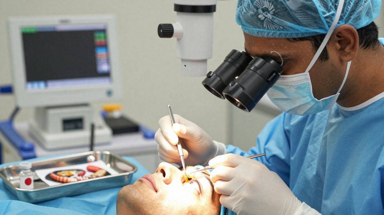 Médico cirurgião realiza procedimento oftalmológico usando lupa binocular num paciente deitado num centro cirúrgico.