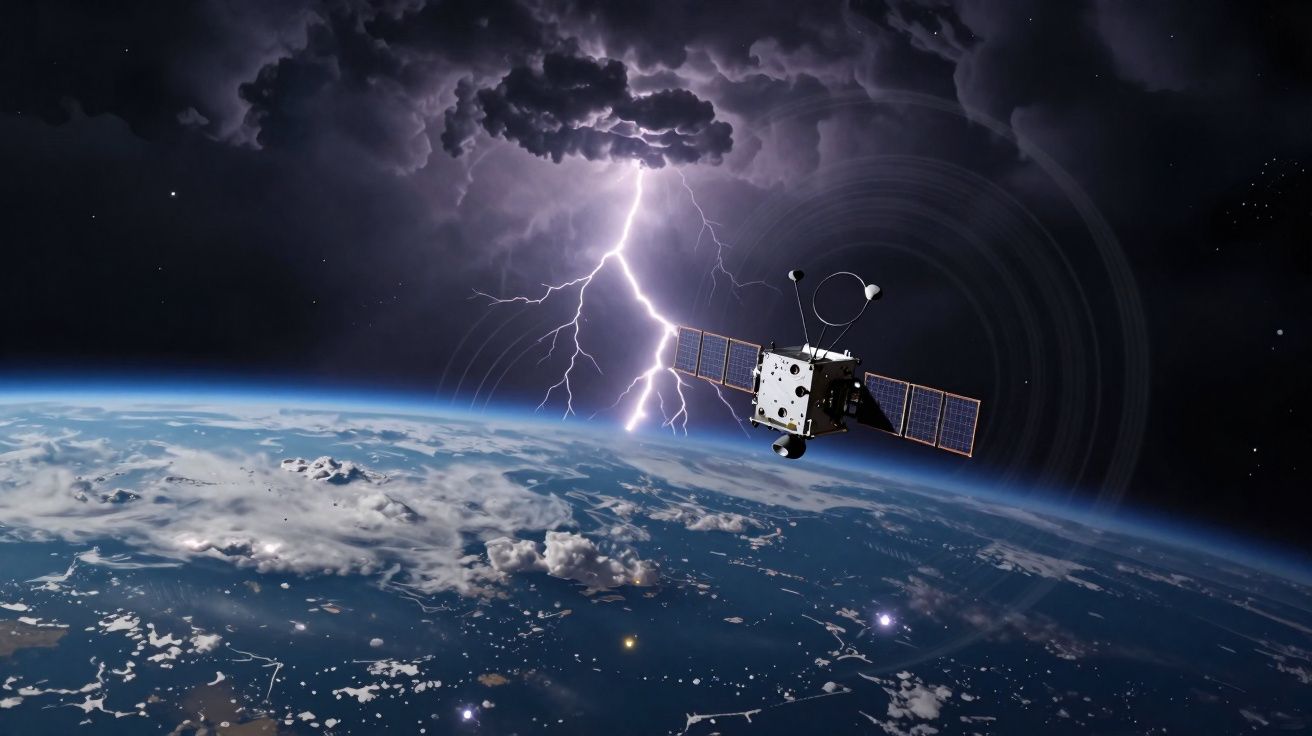 Satélite a orbitar a Terra com tempestade e relâmpagos visíveis na atmosfera acima.