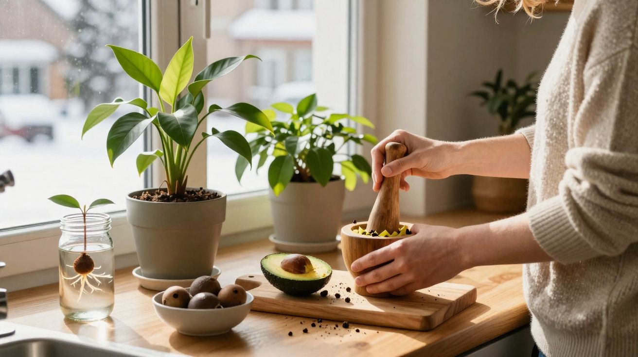 Pessoa a usar almofariz para triturar ingredientes na cozinha junto a plantas e abacate partido ao meio.