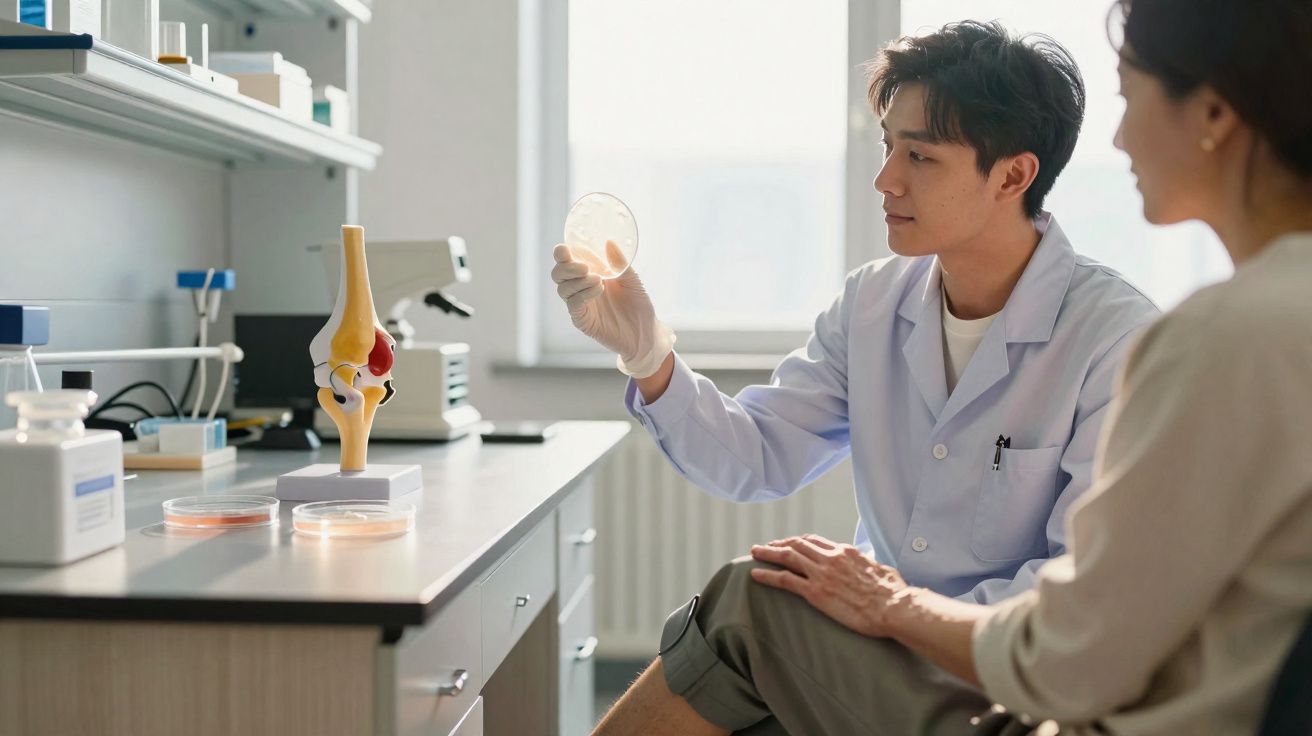 Cientista em bata branca analisa placa de Petri enquanto conversa com paciente numa clínica científica.