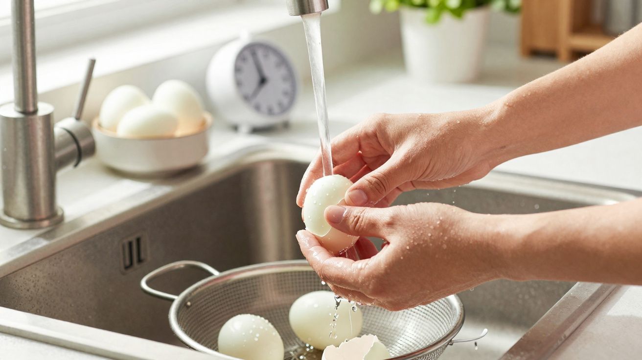 Mãos a lavar ovos cozidos sob torneira com água, com escorredor e relógio desfocado ao fundo.