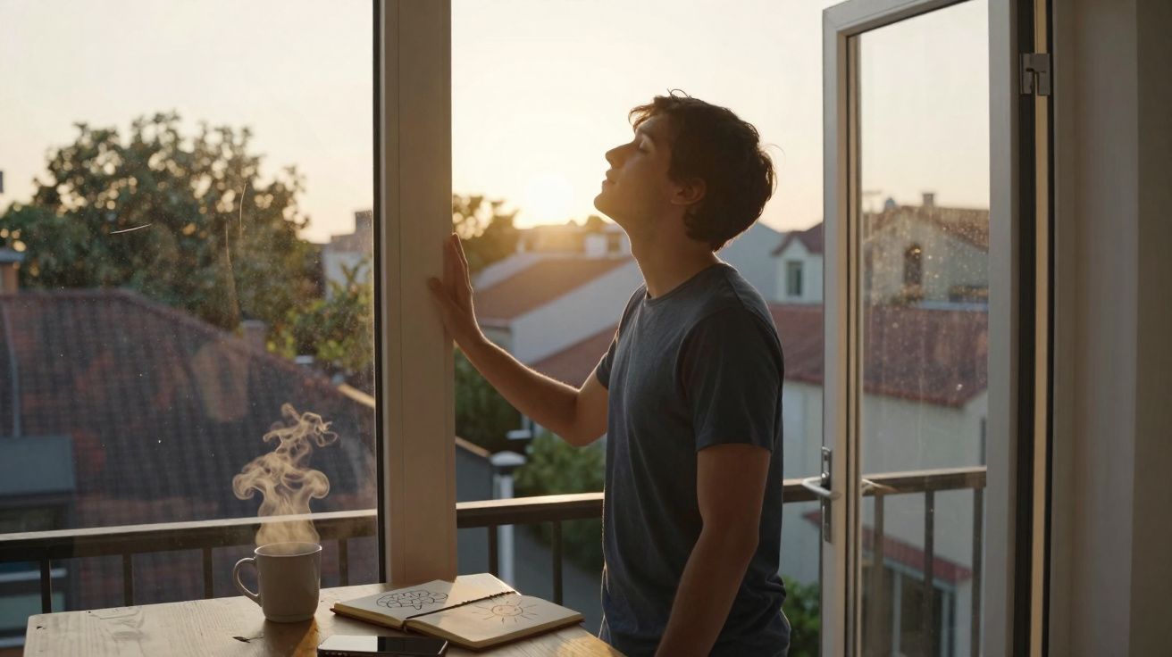 Jovem de pé junto à janela aberta, apreciando o pôr do sol com uma chávena de chá quente na mesa.