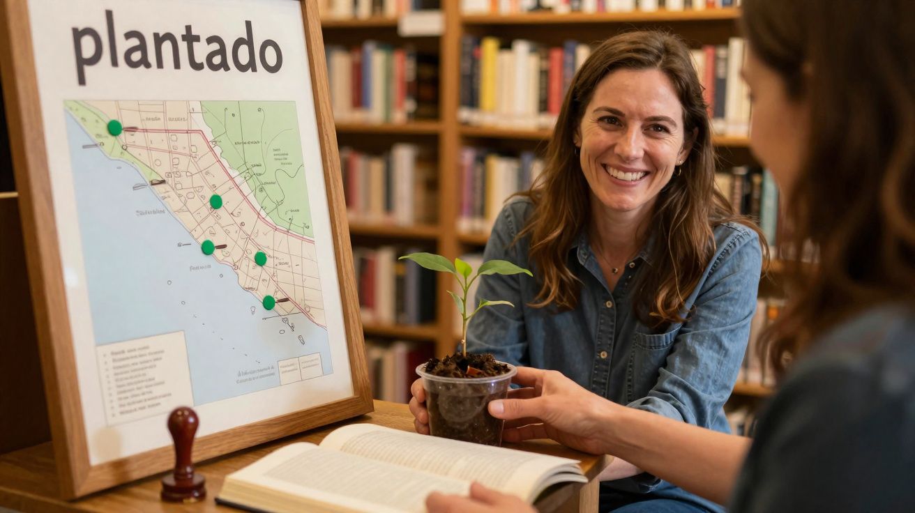 Mulher sorridente entrega planta jovem em copo de plástico num ambiente com livros e mapa ao fundo.