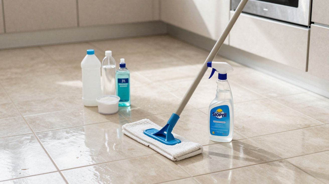 Mopa, produtos de limpeza e chão de cozinha limpo e brilhante com azulejos claros.