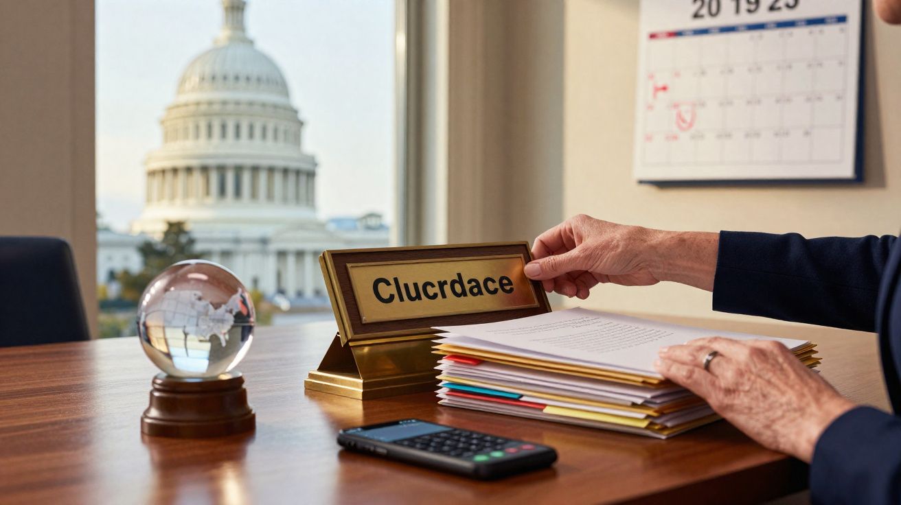 Mesa de escritório com caculadora, pasta de documentos, globo de vidro e placa com texto Clucrdace.