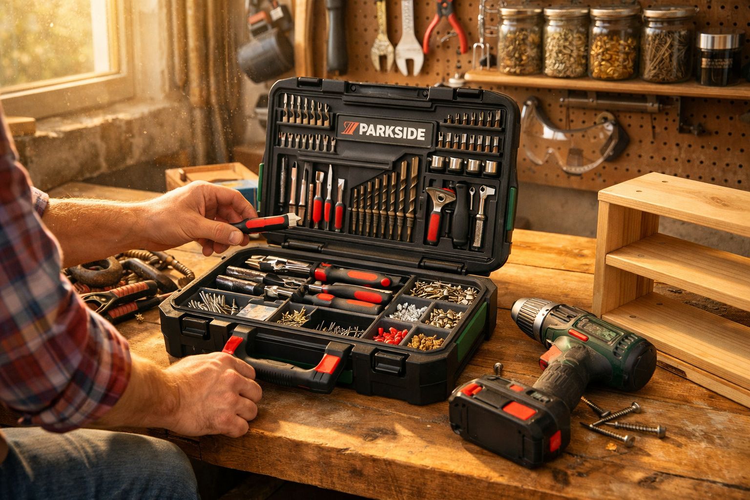 Caixa de ferramentas aberta com parafusos e brocas, mãos a manusear ferramenta, furadeira e banco de trabalho.