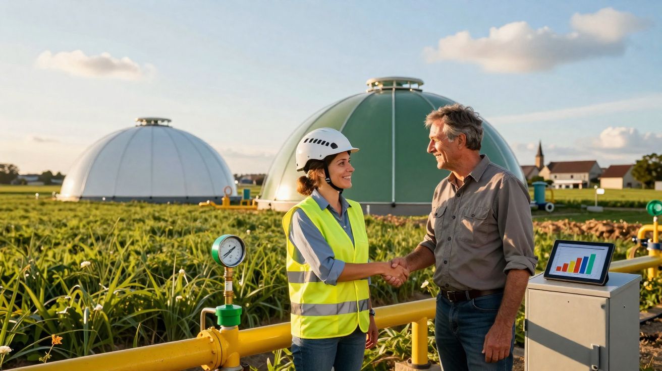 Duas pessoas a dar um aperto de mão numa instalação agrícola com tanques grandes e painel de controlo digital.