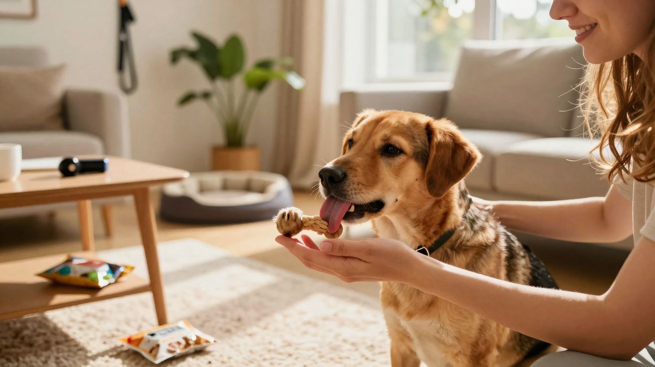 Mulher oferece petisco para cão comer, sentado na sala de estar acolhedora com luz natural.