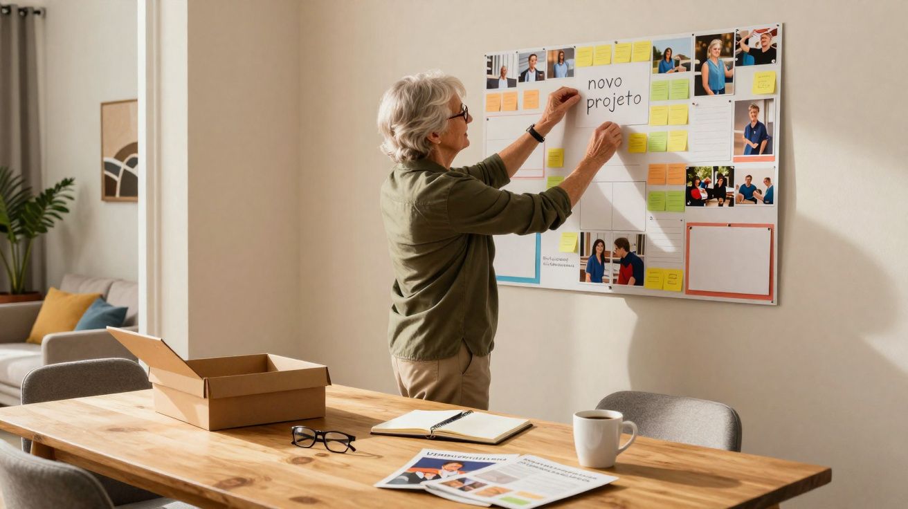 Mulher a organizar notas numa agenda de projetos numa sala de reuniões com mesa e cadeiras.
