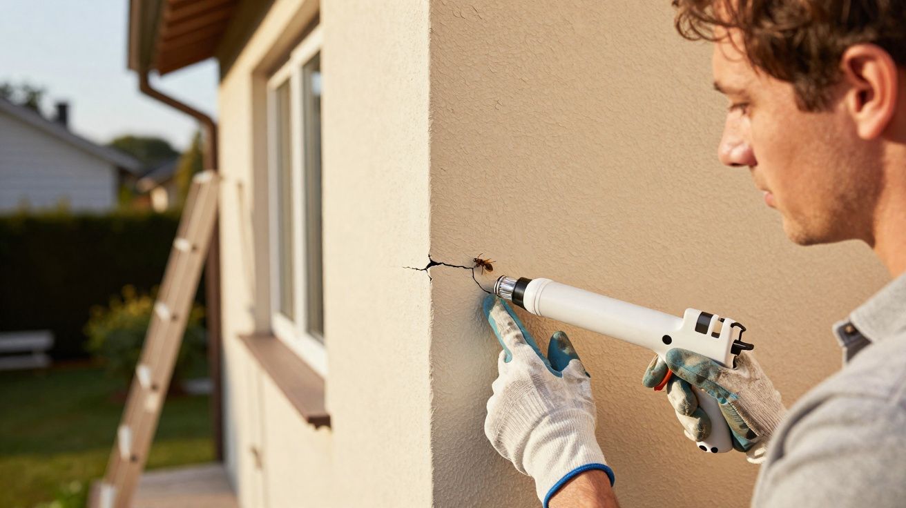 Homem a aplicar material selante para reparar fissura numa parede exterior de casa.