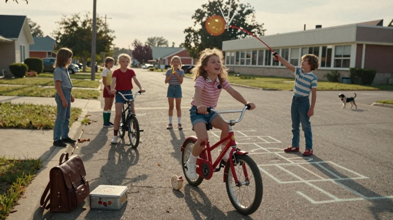 Crianças a brincar numa rua residencial ensolarada, uma menina anda de bicicleta enquanto outras observam.