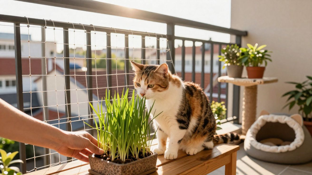 Gato tricolor sentado numa varanda perto de vaso com plantas verdes e mão humana a segurar o vaso.
