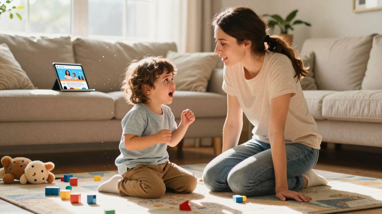 Criança a brincar com blocos coloridos no chão enquanto mulher sorri para ela numa sala iluminada.