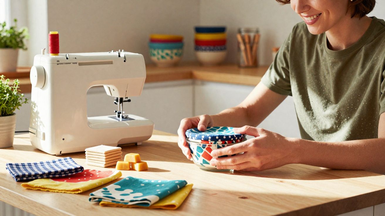 Pessoa sorridente a guardar caixa colorida numa cozinha com máquina de costura e tecidos sobre a mesa de madeira.