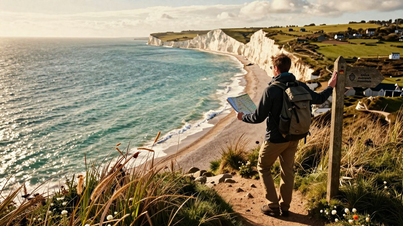 Pessoa com mochila a consultar mapa numa falésia junto ao oceano e praia de areia clara em dia ensolarado.