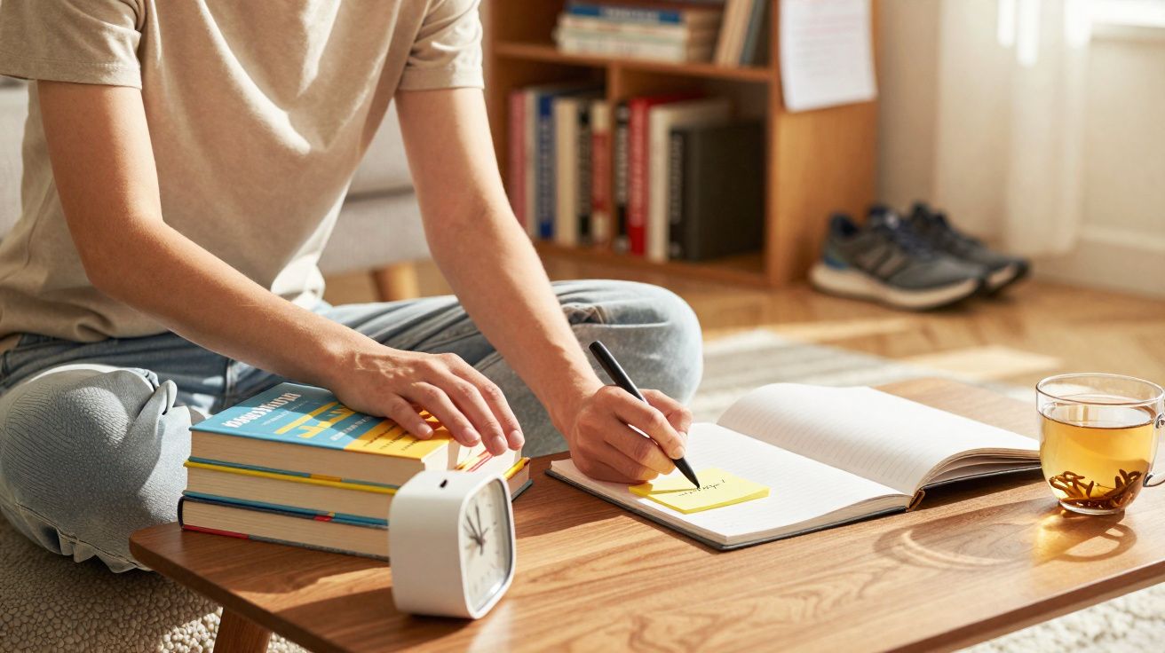 Pessoa sentada no chão a escrever em nota adesiva junto a livros, relógio e chá numa sala iluminada.