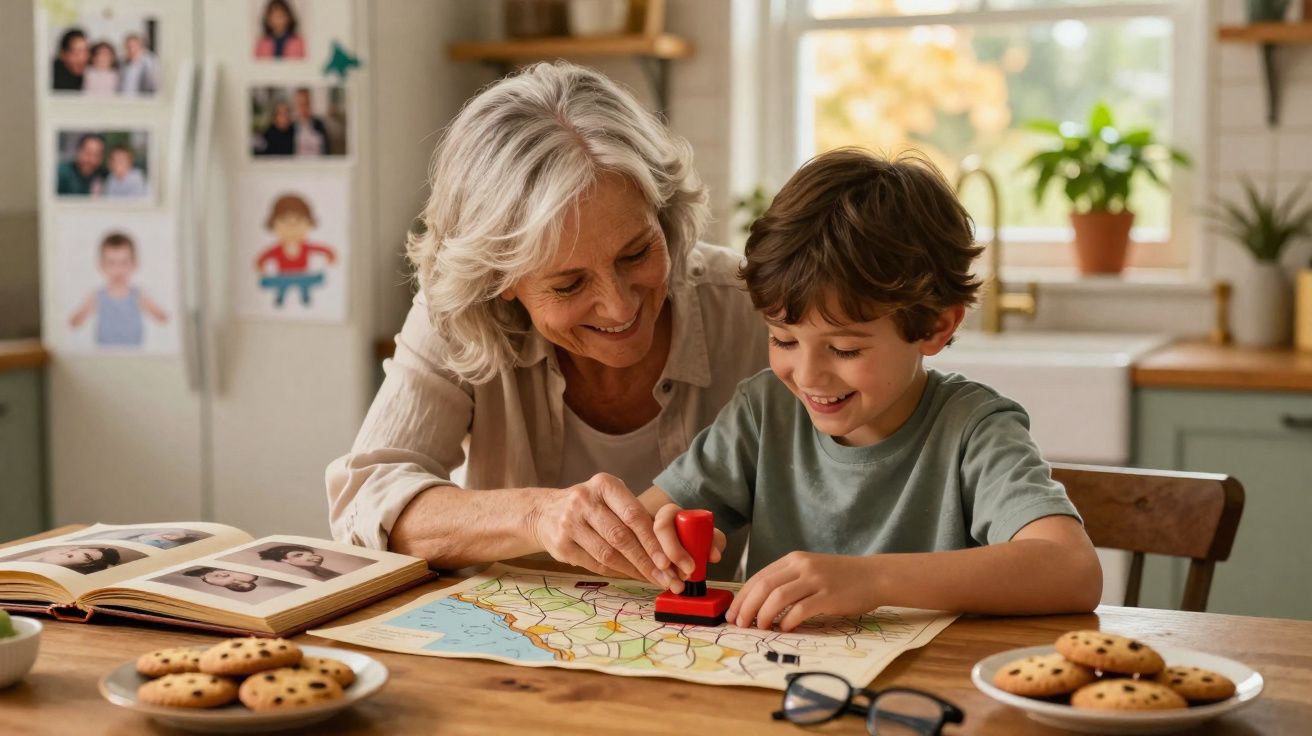 Avó e neto carimbam um mapa, sentados à mesa de cozinha com bolachas e álbum de fotografias.