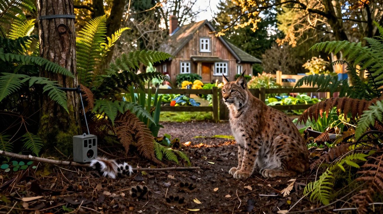 Lince sentado na floresta perto de um relógio e uma casa de madeira ao fundo, rodeado por folhagem verde.