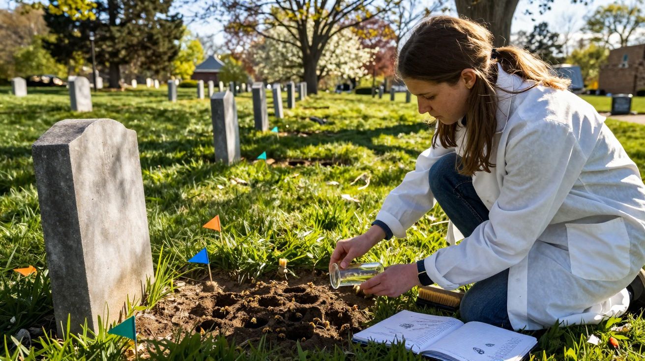Mulher com bata branca examina solo junto a lápides num cemitério, com cadernos e marcadores coloridos.