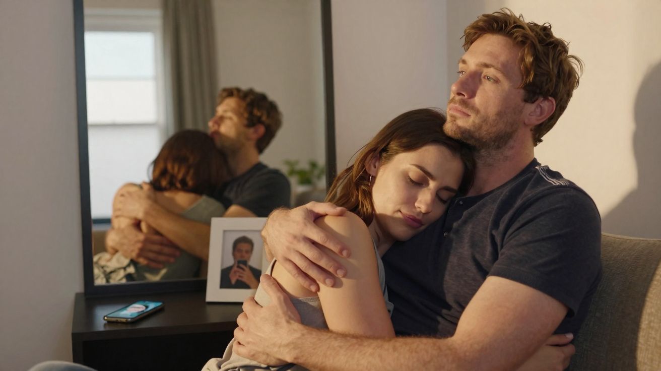 Casal abraçado no sofá, ela repousa a cabeça no peito dele, expressão de conforto e serenidade.