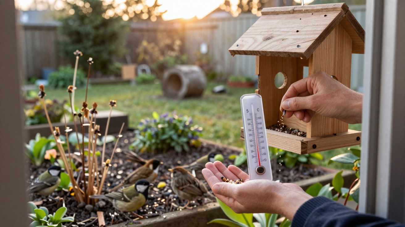 Pessoa a alimentar pássaros num comedouro de madeira num jardim ao pôr do sol.