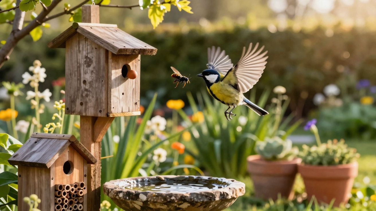 Pássaro em voo a aproximar-se de uma vespa perto de casas de madeira para pássaros num jardim florido.