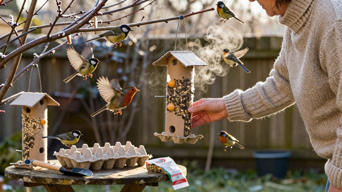 Pessoa a alimentar passarinhos num comedouro pendurado num ramo numa manhã fria de inverno.