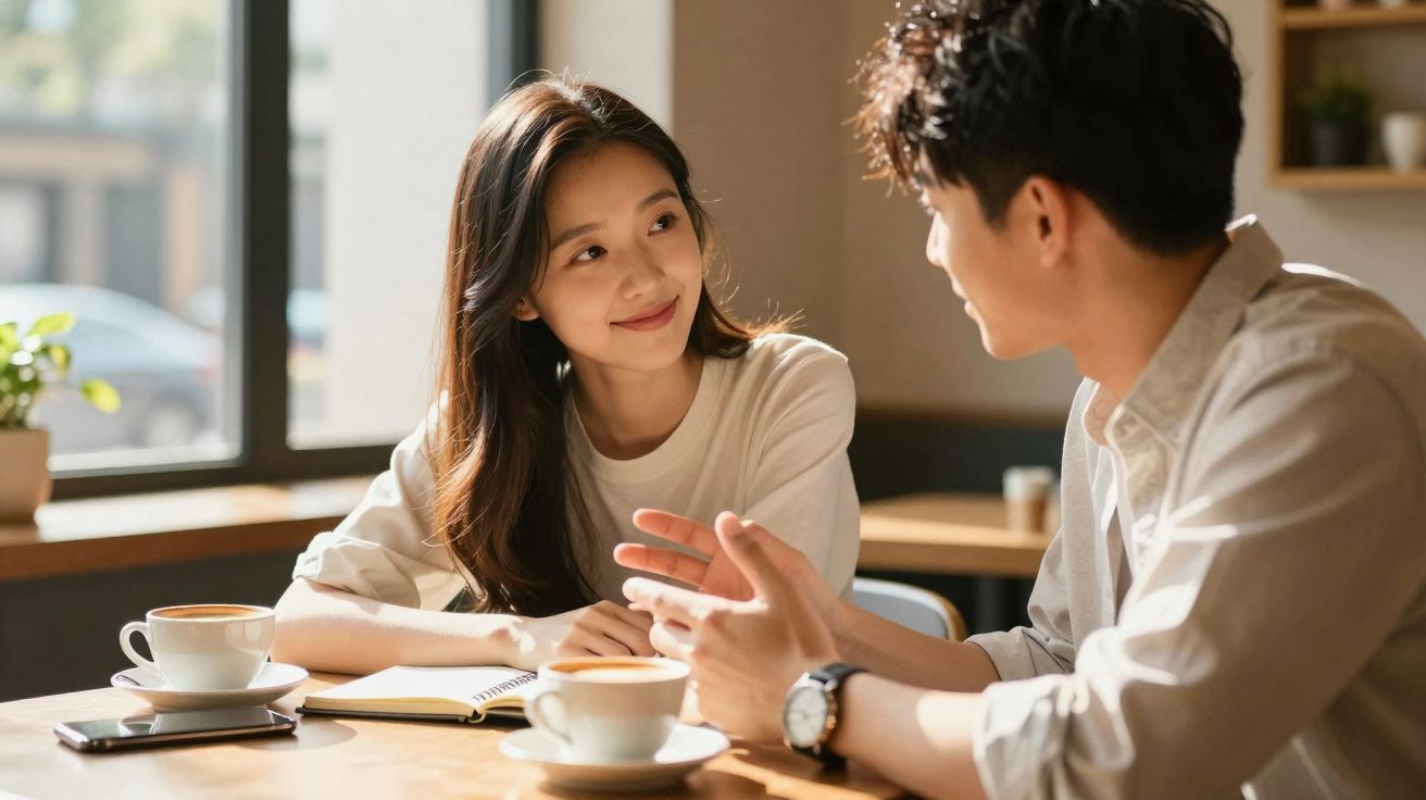 Duas pessoas jovens conversam num café, com bebidas e um caderno sobre a mesa.