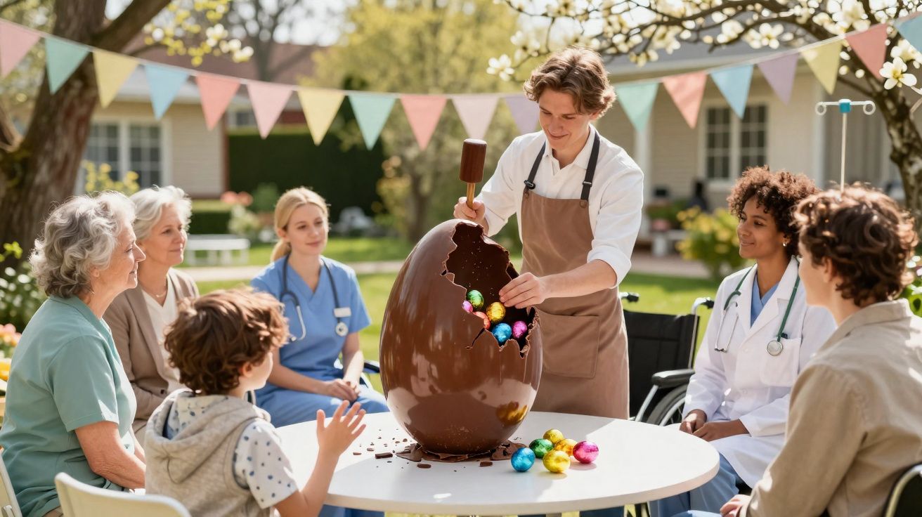 Homem abre ovo de Páscoa gigante de chocolate para grupo multigeracional ao ar livre numa festa.