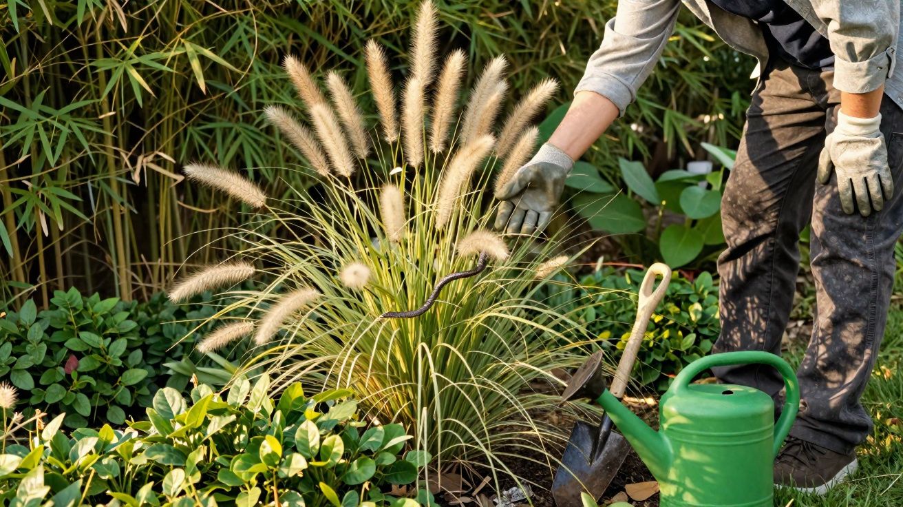 Pessoa a cuidar de plantas ornamentais num jardim, usando luvas e com regador verde ao lado.