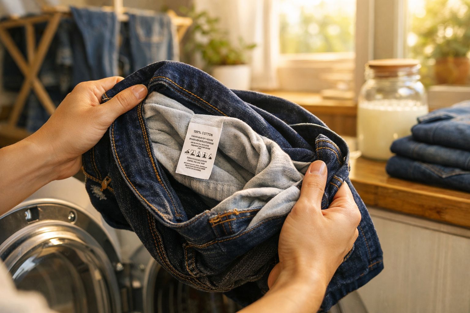 Mãos seguram jeans com etiqueta de instruções, junto a máquina de lavar e toalhas dobradas numa área de lavandaria.