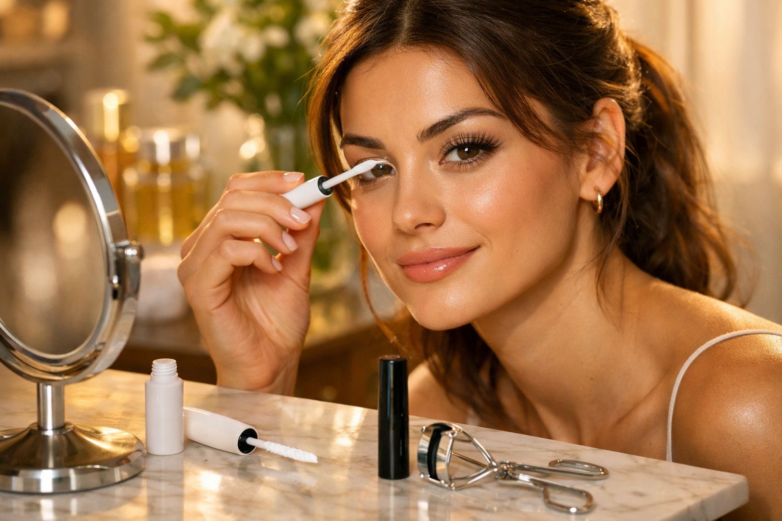 Mulher a aplicar rímel nas pestanas à frente de espelho numa bancada com vários produtos de maquilhagem.