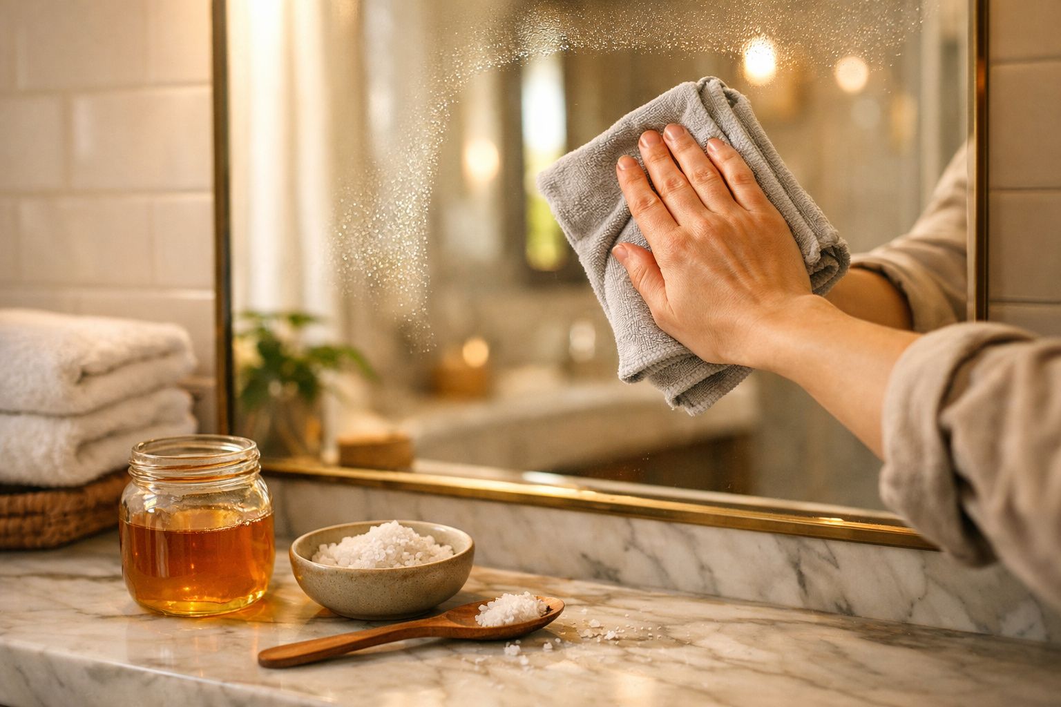 Pessoa a limpar espelho com pano cinzento, jarro de mel e tigela com sal marinho sobre bancada de mármore.