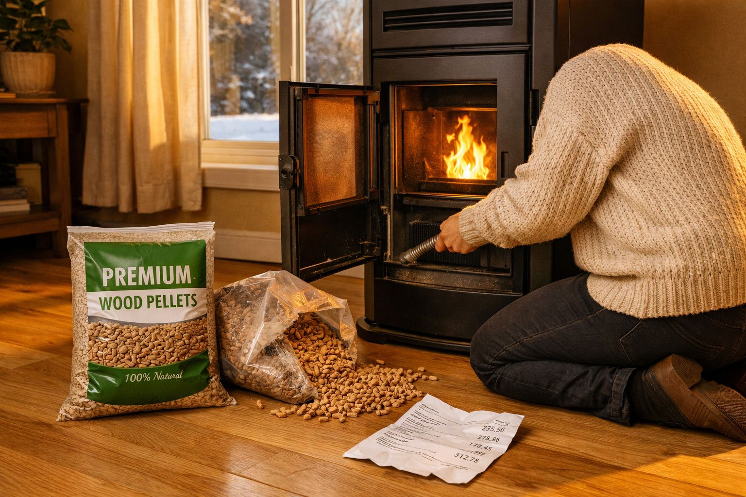 Pessoa a alimentar lareira com pellets de madeira, saco de pellets aberto no chão e janela com neve ao fundo.
