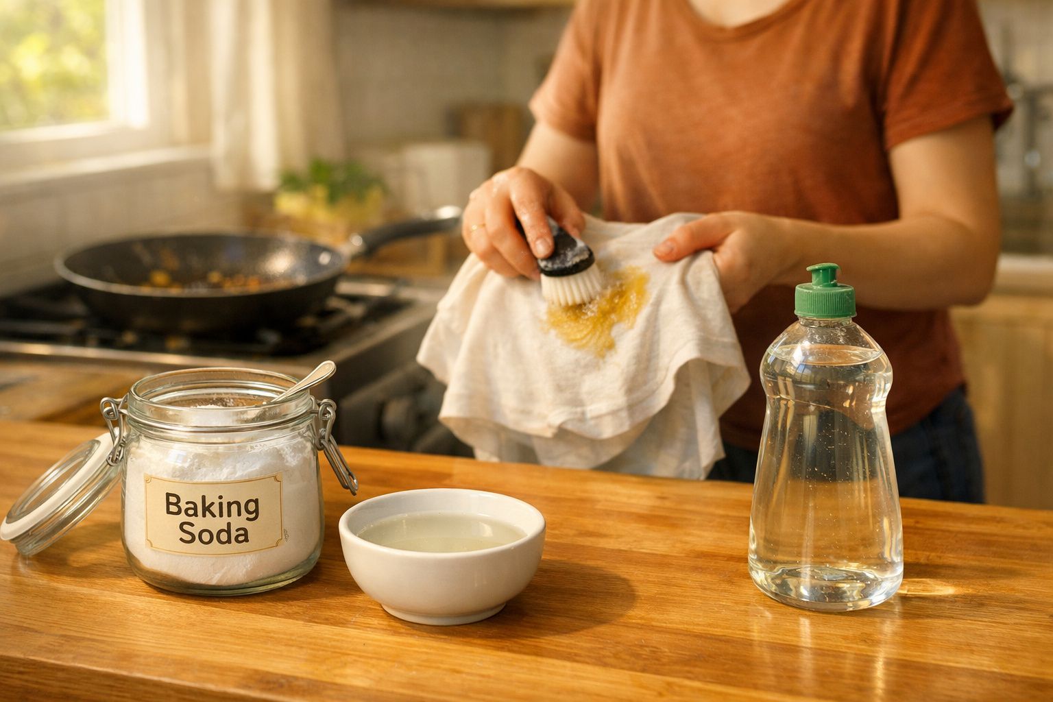 Pessoa a limpar nódoa amarela num pano com escova, com bicarbonato, água e detergente sobre a bancada da cozinha