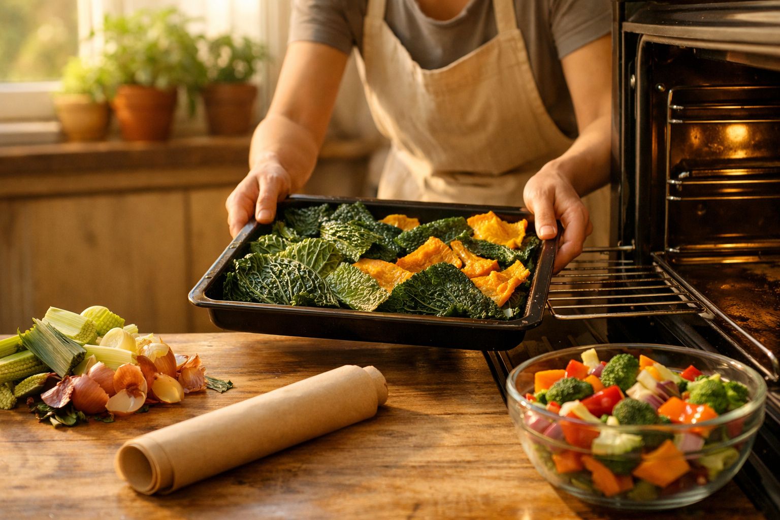 Pessoa a colocar tabuleiro com couve e abóbora no forno, com legumes frescos e vegetais numa taça à frente.