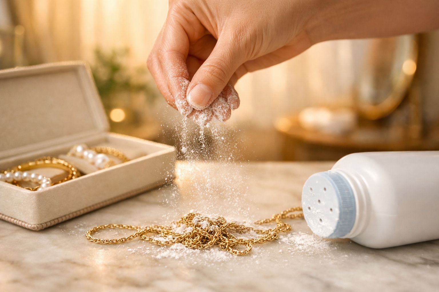 Mão a polvilhar pó de talco numa corrente dourada para limpar, com caixa de joias ao lado.