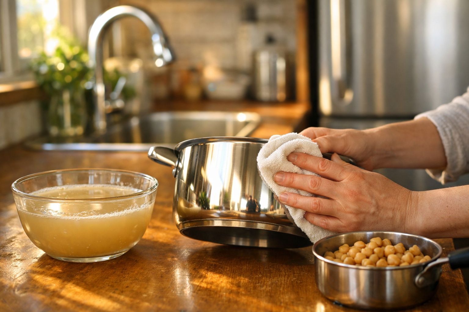 Pessoa a secar panela de inox na cozinha, com tigelas de caldo e grão-de-bico na bancada.