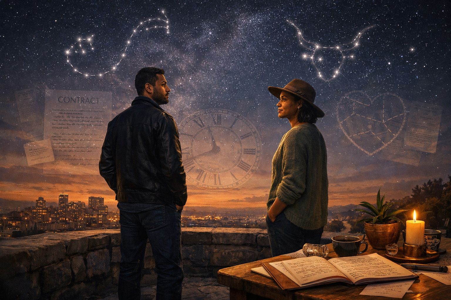 Dois adultos de rosto virado um para o outro sob um céu estrelado com constelações e objetos flutuantes, numa varanda ao pôr 