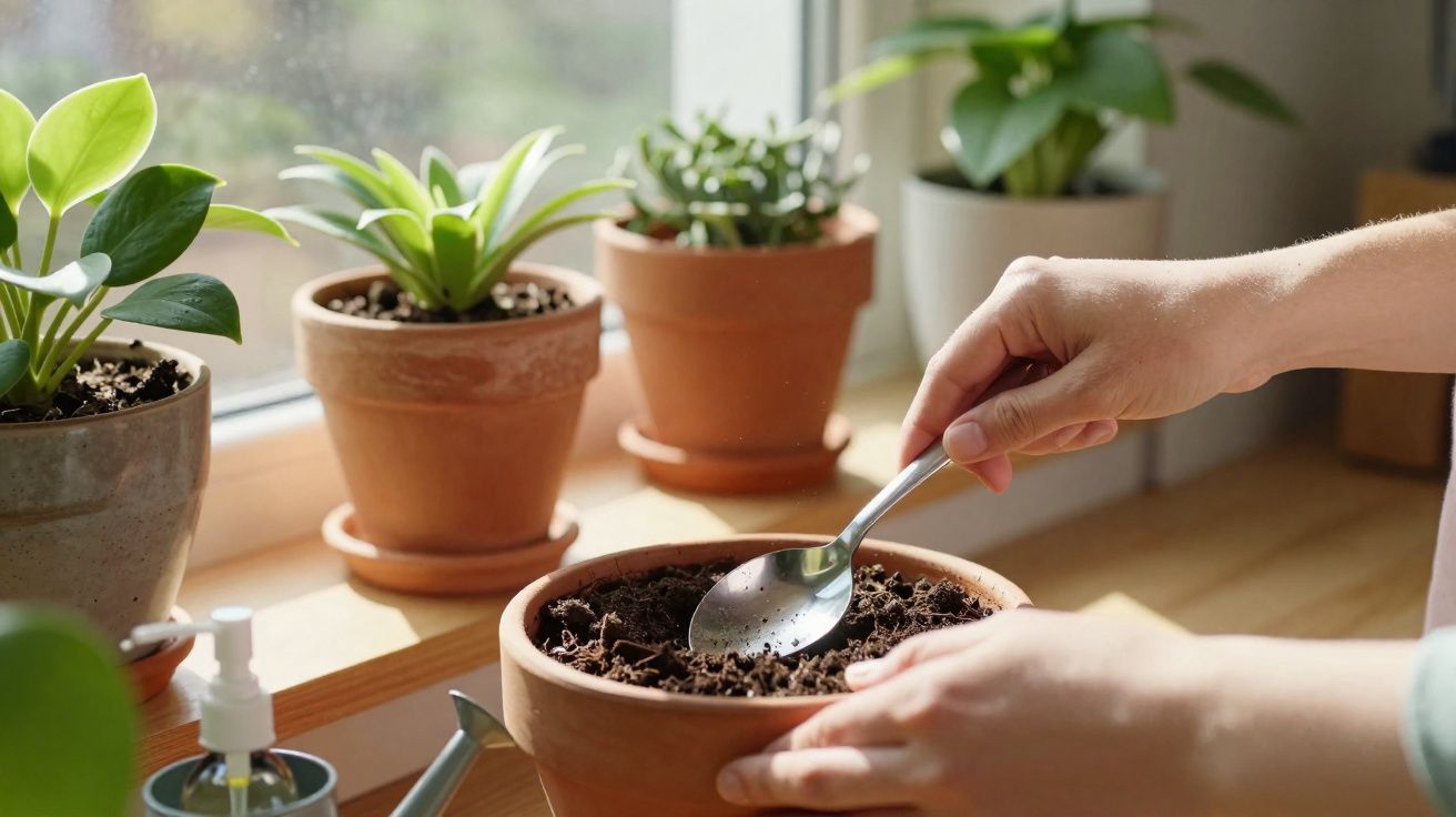 Pessoa a mexer terra num vaso de barro, com várias plantas em vasos junto a uma janela iluminada.