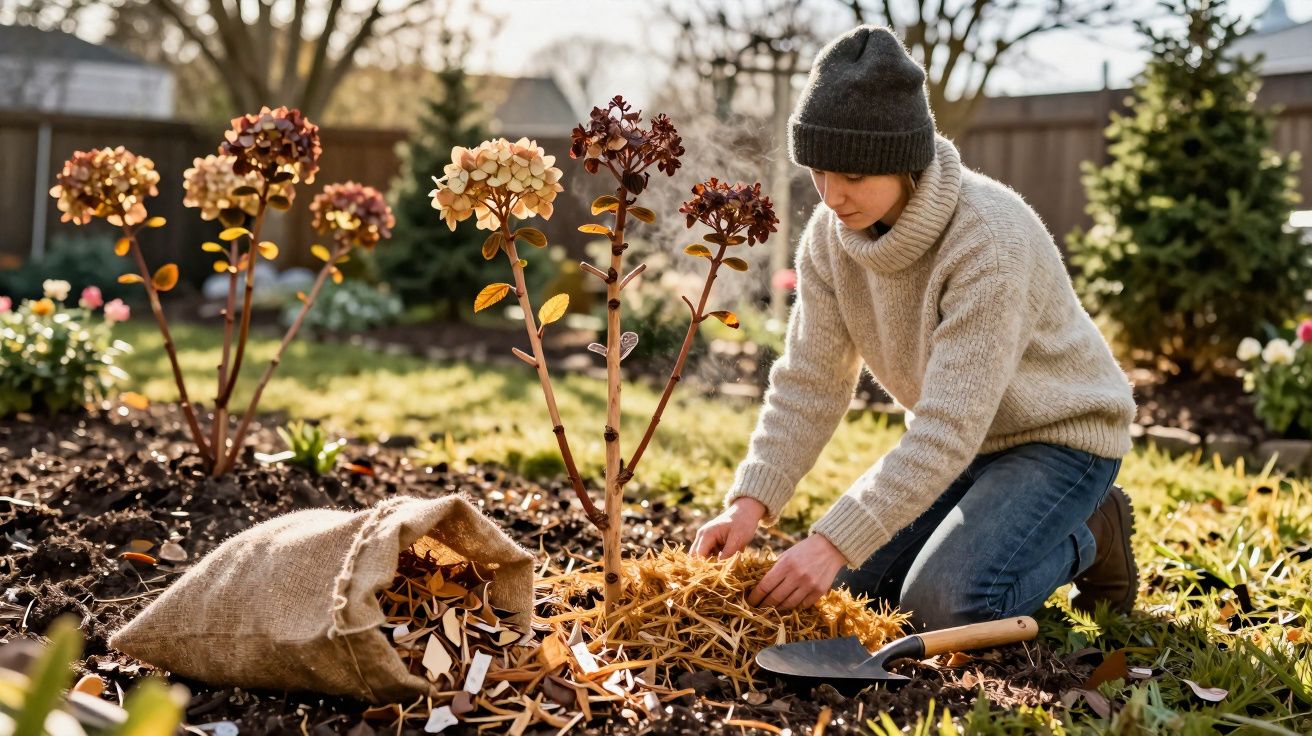 Pessoa a colocar cobertura vegetal em plantas num jardim durante o outono, vestindo camisola e gorro.