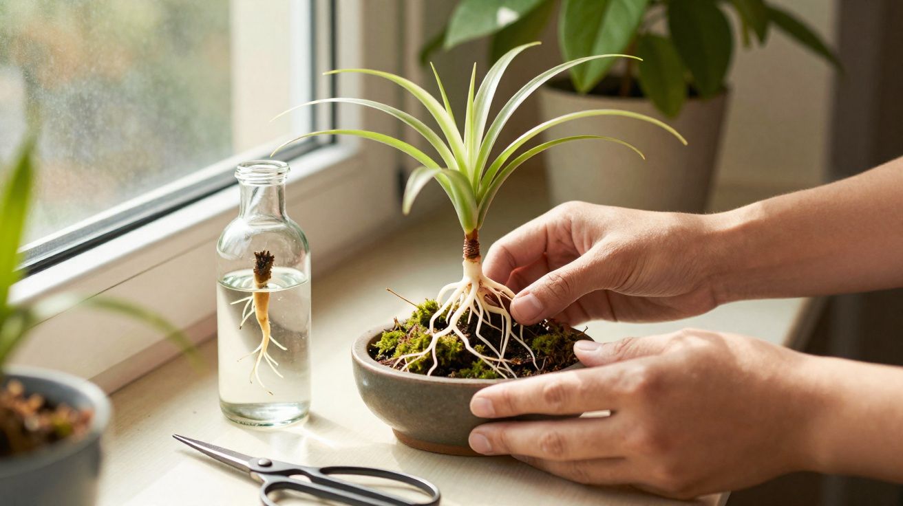 Mãos a plantar planta com raízes visíveis em vaso, junto a garrafa com planta em água e tesoura numa janela.