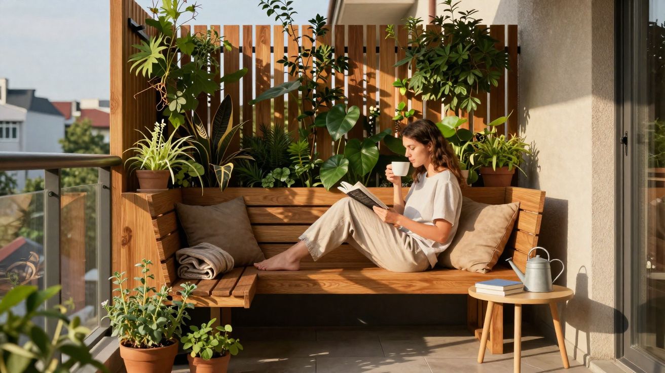 Mulher sentada num banco de madeira num terraço, rodeada de plantas, a ler e beber uma chávena.