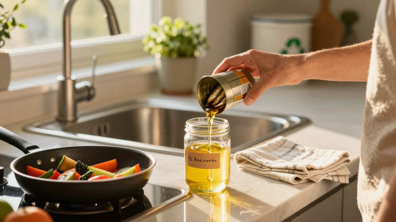 Pessoa a verter azeite de lata para frasco num balcão de cozinha com frigideira e legumes a cozinhar.