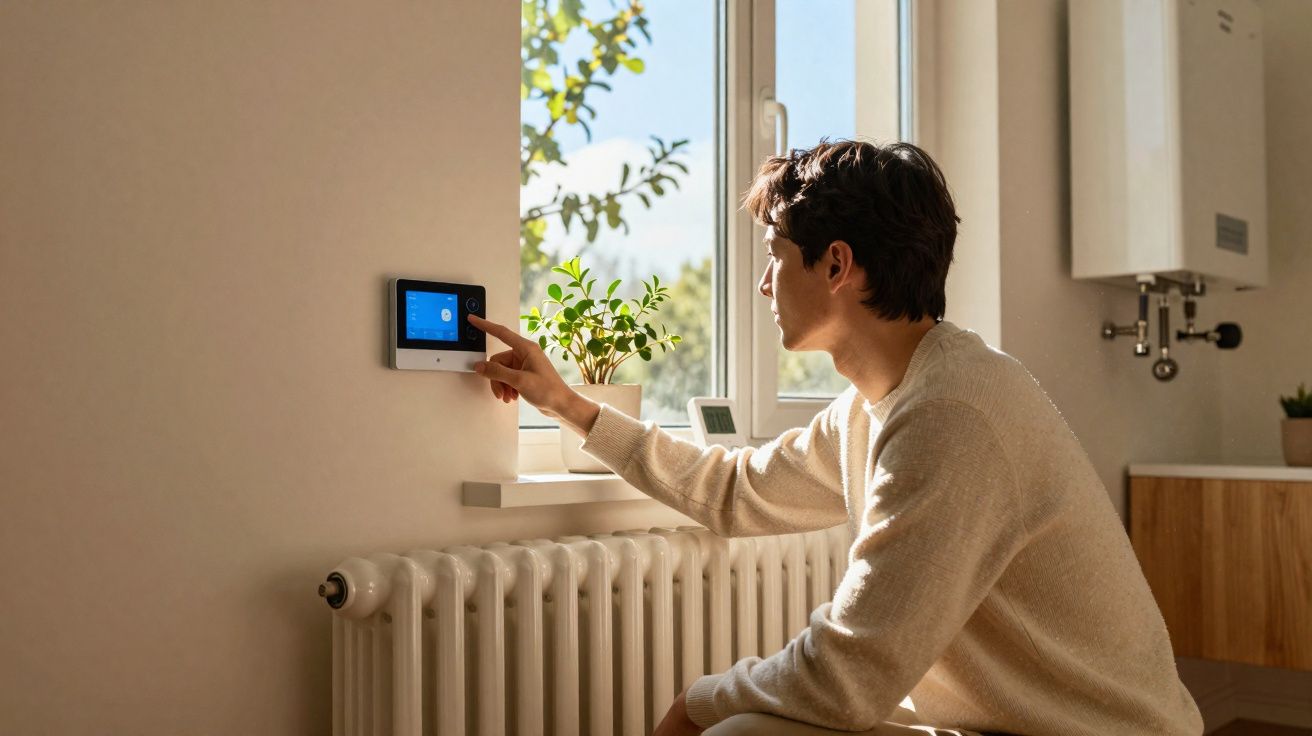 Homem ajusta termóstato digital numa parede junto a uma janela com luz natural e aquecedor.